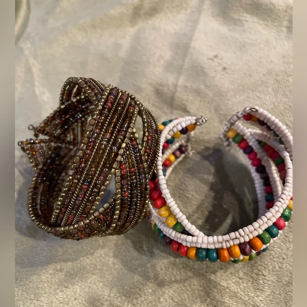Set of 2 Boho Beaded Cuff Bracelets. Brown & Multi Colored Tones